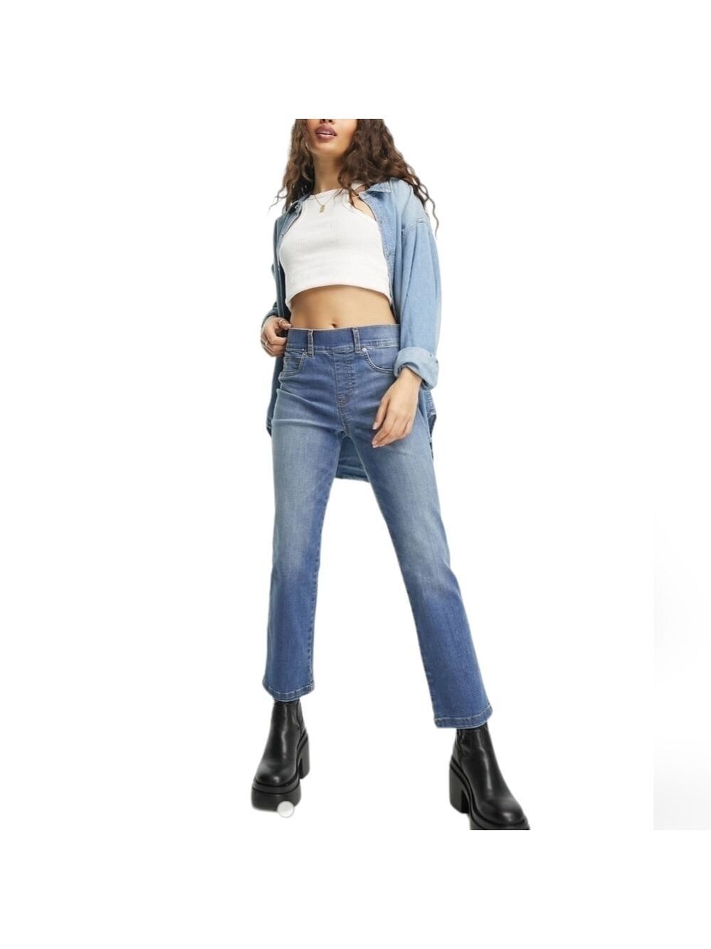 Spanx Petite Straight Leg Jeans in Mid Wash
